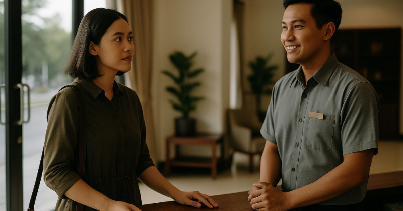 Cerpen filmis tentang Sakera, pekerja hotel yang belajar meninggalkan masa lalu setelah bertemu tamu asing yang mengajarinya arti langkah ke depan.