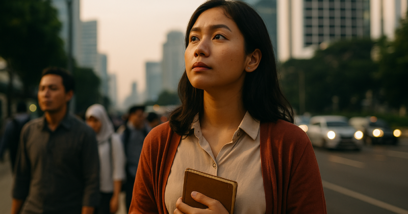 Cerpen urban Jakarta tentang Retna yang belajar menjadikan kata sebagai cahaya—dari ruang rapat sampai forum warga. Mengharukan, filmis, dan sarat pitutur Jawa.