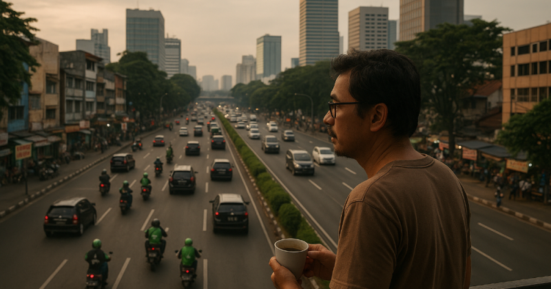 Cerpen urban mengharubiru tentang pertemanan, ambisi, dan ritus kecil di Jakarta—menemukan arti pulang di tengah riuhnya kota.