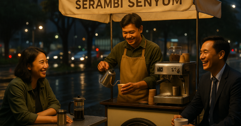 Tiga jiwa di Jakarta—Samad, Raden, Wandira—menemukan rumah dalam senyum, ramah, dan pertolongan kecil. Gerobak “Serambi Senyum” menyalakan harapan malam.