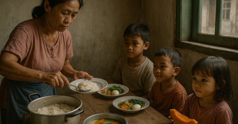 Cerpen sastra urban tentang Program Makan Bergizi Gratis: piring, doa, dan martabat. Emosional, filmis, menyentuh—merekam harapan keluarga di kota basah.