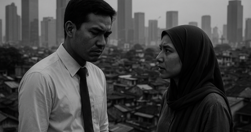 Cerpen Kompas-style berlatar Jakarta: Adipati & Siti menyeberang antara data dan air mata, melawan ketidakadilan kota, pulang pada kemanusiaan yang jujur.