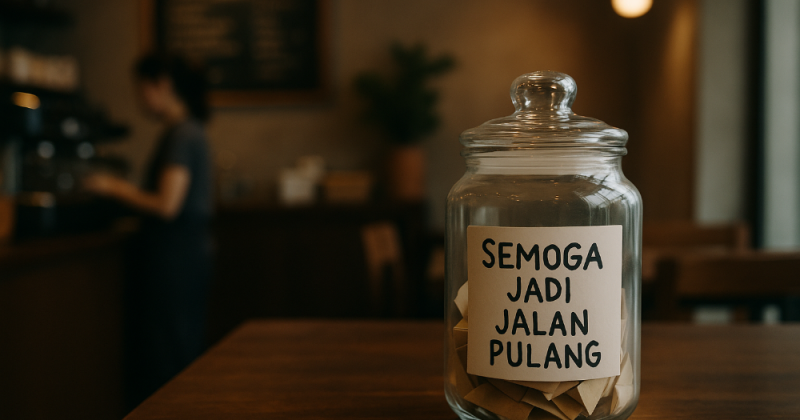 Cerpen urban Jakarta tentang Anggara kehilangan kerja & cinta; pintu tertutup berubah jadi arah baru. Detour menjadi mukjizat; persahabatan menuntun pulang Pun.