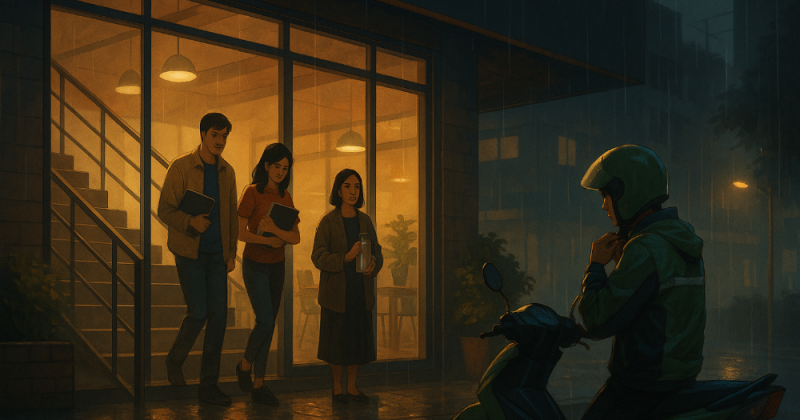 Cerpen urban emosional tentang tiga sahabat membangun ruang penyembuh di kota: bertahan di antara laba, janji, dan manusia yang berlari tanpa sepatu.