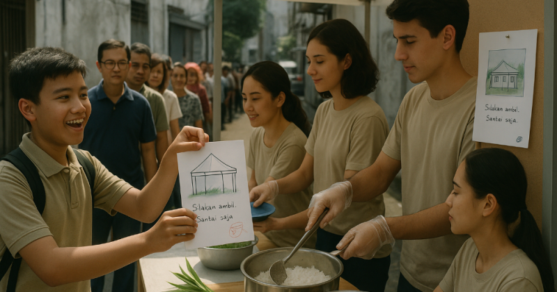 Di bawah tenda sederhana, panci-panci besar tidak hanya membagi nasi, tetapi juga menyalakan martabat. Dari niat kecil, lahirlah jejak kasih yang menguatkan banyak kehidupan.