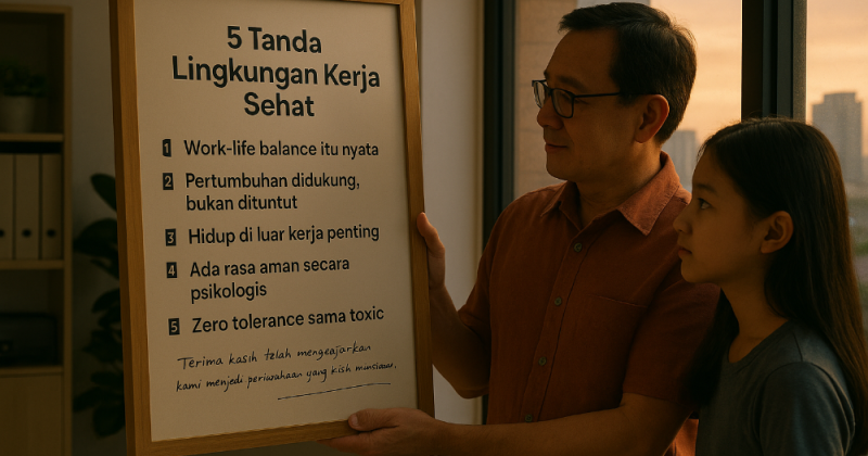 Cerpen filmis tentang perjalanan membangun budaya kerja sehat di Jakarta—work-life balance, aman psikologis, dan zero toxic—tanpa kehilangan diri dan keluarga.