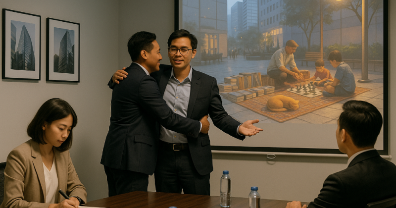 Cerpen sastra perkotaan tentang Jayeng, Kencana, Damar, dan Jingga menata karier, bisnis, dan kebermanfaatan kota—jujur, mengharubiru, reflektif, solutif.