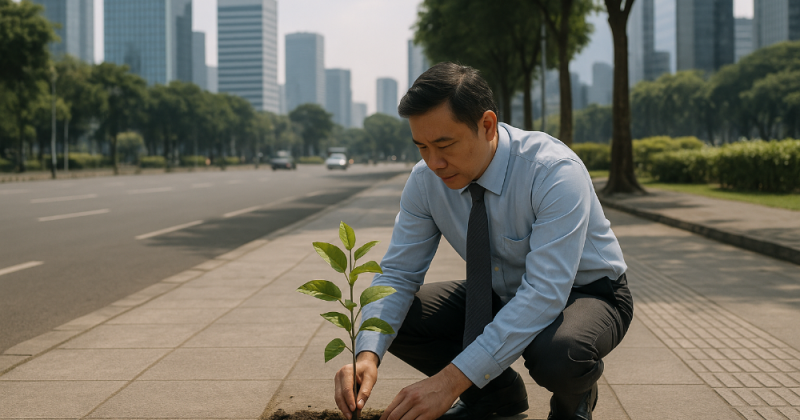 Cerpen urban “Menanam Nafas” tentang Jayengrana dan Sekartaji menanam kemanusiaan di tengah beton kota—pelan, tulus, dan penuh makna.