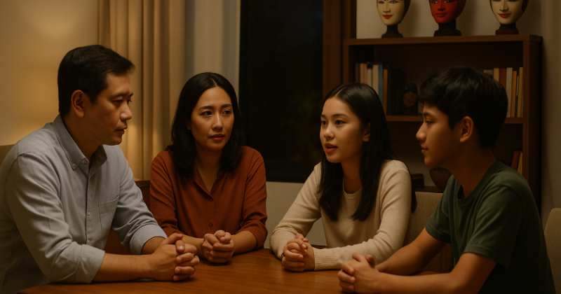 Keluarga urban Jakarta belajar menamai rasa dan menata hati melalui Social-Emotional Learning. “Topeng di rak, hati di meja”—rumah jadi kurikulum pertama.