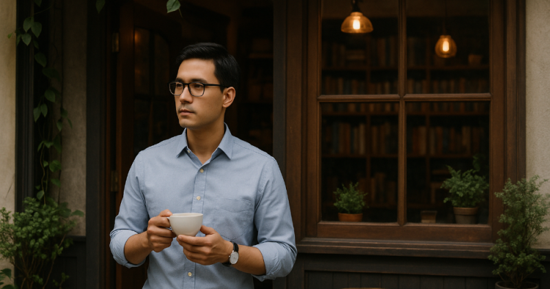 Cerpen tentang profesional kelas menengah ke atas yang keluar dari rutinitas, menemukan makna baru lewat kafe kecil, ruang baca pinggir rel, dan kelas mimpi.