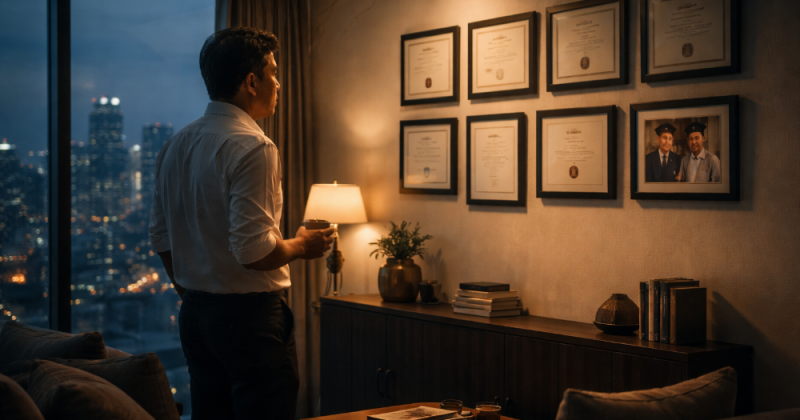 Cerpen urban emosional tentang gelar, ambisi, pengkhianatan, dan kehilangan—mengajak kelas menengah atas menata ulang makna sukses, waktu, dan kesehatan.