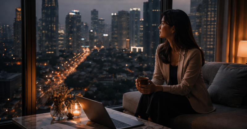 Cerpen sastra urban Indonesia tentang karier, relasi, dan detail hidup yang diabaikan, ditulis emosional, reflektif, dan menyentuh ala Kompas Minggu.