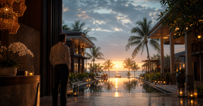 Cerpen hotelier tentang pre-opening, de-branding, dan re-branding boutique hotel di Bali: konflik modal vs moral, target revenue, dan GM tanpa otoritas penuh.
