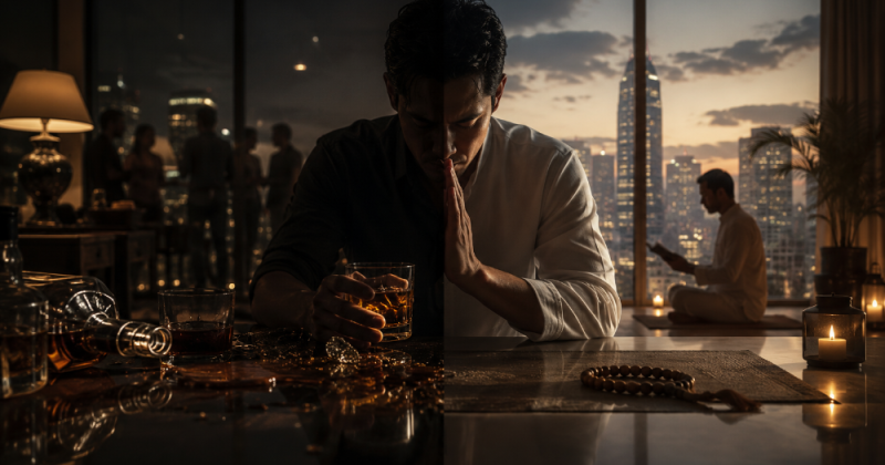 Cerpen urban tentang Amir yang berhenti mabuk minuman, tetapi tersesat dalam ego spiritual, hingga belajar pulang pada kasih.