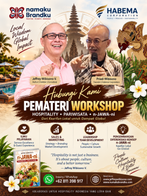 Kami, Jeffrey Wibisono V. – NamakuBrandku dan Priadi Wibisono – Habema Corporation, membuka kolaborasi sebagai Pemateri Workshop Hospitality & Pariwisata. Kami membawa dua perspektif yang bertemu dalam satu ruang pembelajaran: pengalaman praktis industri dan kearifan lokal yang dapat diterjemahkan menjadi keunggulan bisnis. Salah satu fokus yang kami kembangkan adalah n-JAWA-ni — bagaimana nilai dan kearifan lokal Jawa tidak berhenti sebagai filosofi, tetapi dapat dikembangkan menjadi diferensiasi konsep, pelayanan, budaya kerja, branding, hingga leadership. Materi dapat dikembangkan sesuai kebutuhan organisasi, mulai dari: Ilmu Pelayanan • Service Excellence • Sales & Marketing • Branding • Leadership & Team Development • Pengembangan Diferensiasi Konsep n-JAWA-ni Cocok untuk hotel & resort, perusahaan hospitality, kampus dan sekolah pariwisata, asosiasi, komunitas, organisasi, maupun corporate gathering.