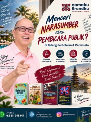 Saya Jeffrey Wibisono V., praktisi hospitality dengan perjalanan karier lebih dari empat dekade, dari operasional, Sales & Marketing hingga General Manager, dengan pengalaman di Bali dan berbagai wilayah Indonesia. Kini melalui NamakuBrandku Consulting & Academy, saya berbagi pengalaman tersebut dalam seminar, talkshow, workshop, training, dan industry sharing. Topik dapat disesuaikan: Hotel Operations • Pre-Opening • Sales & Marketing • Service Excellence • Hospitality Branding • Leadership • Tourism Trends • Career & Life Lessons.
