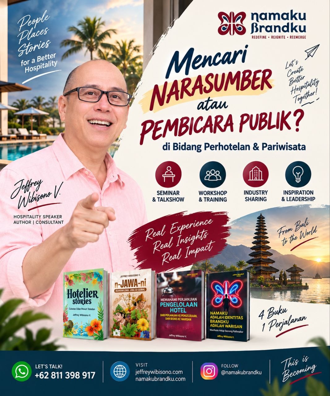 Saya Jeffrey Wibisono V., praktisi hospitality dengan perjalanan karier lebih dari empat dekade, dari operasional, Sales & Marketing hingga General Manager, dengan pengalaman di Bali dan berbagai wilayah Indonesia. Kini melalui NamakuBrandku Consulting & Academy, saya berbagi pengalaman tersebut dalam seminar, talkshow, workshop, training, dan industry sharing. Topik dapat disesuaikan: Hotel Operations • Pre-Opening • Sales & Marketing • Service Excellence • Hospitality Branding • Leadership • Tourism Trends • Career & Life Lessons.